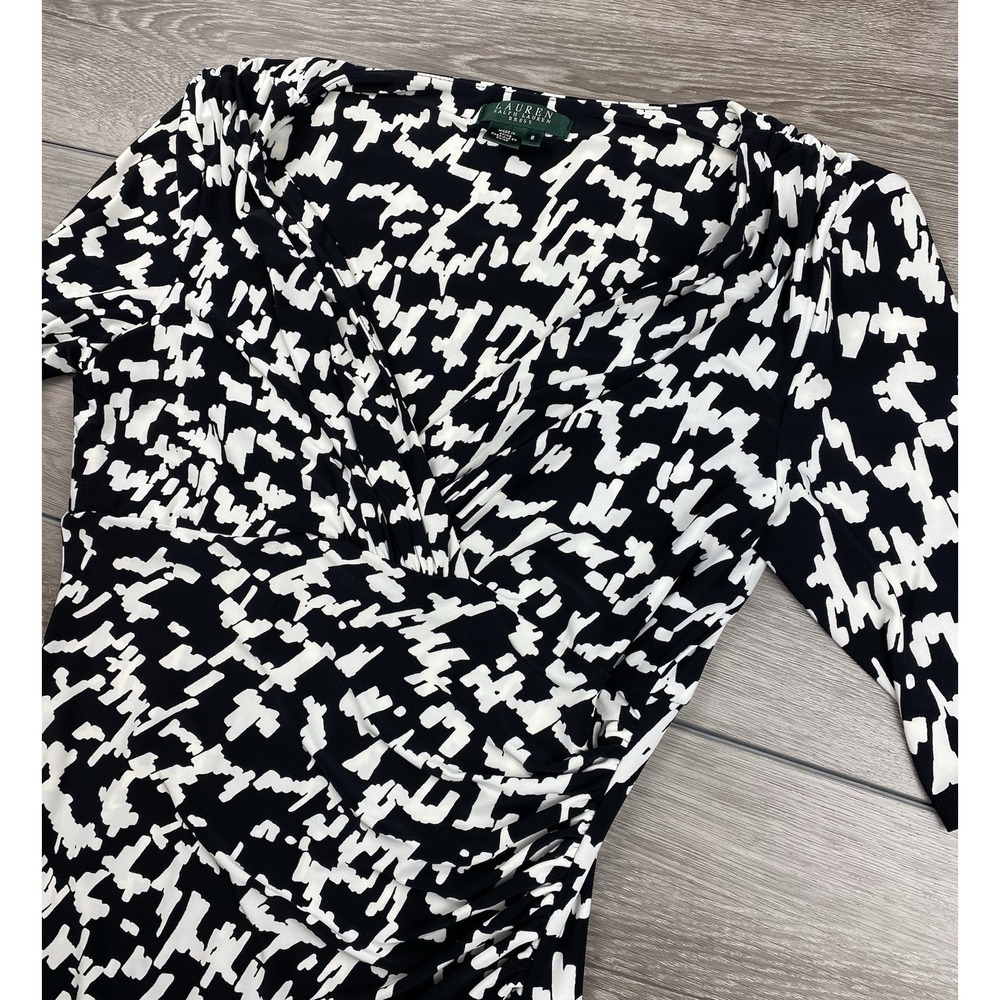 Lauren Ralph Lauren Women's Geometric Pattern Faux Wrap Dress Black White Size S